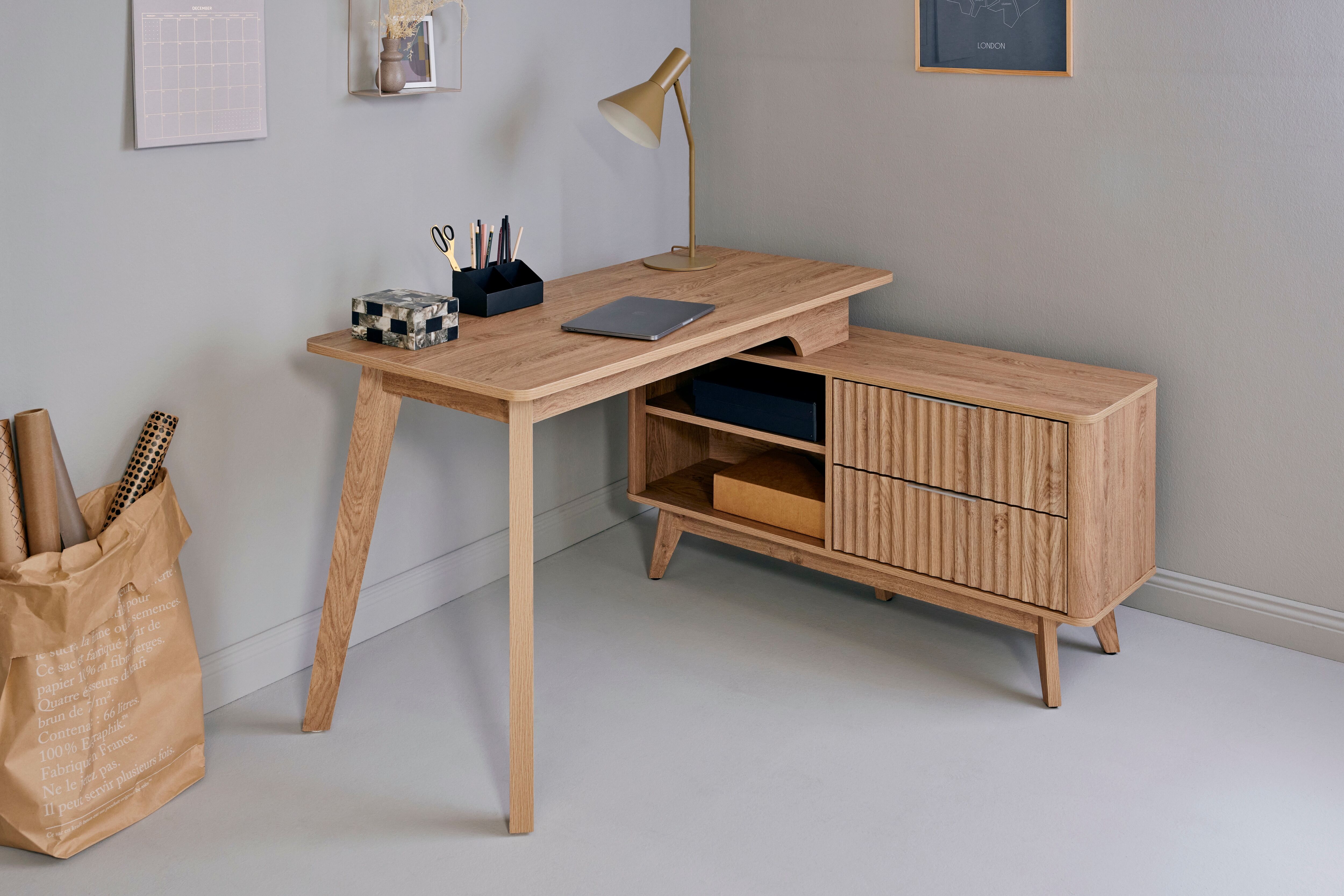 Eckschreibtisch JAHNKE "WAVE C 150 E", braun (montana eiche, montana eiche, montana eiche), B:140cm H:76,2cm T:120cm, Tische, Eckschreibtisch, Eckschreibtisch, Fronten in Wellendesign, wechselseitig montierbar montana eiche, montana eiche, montana eiche B