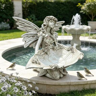 Kodotan sofa "12.80"" High Garden Fairy Figurine, 14.37"" Wide Resin Angel Statue with Leaf Tray, Multi-Functional Bird Feeder"