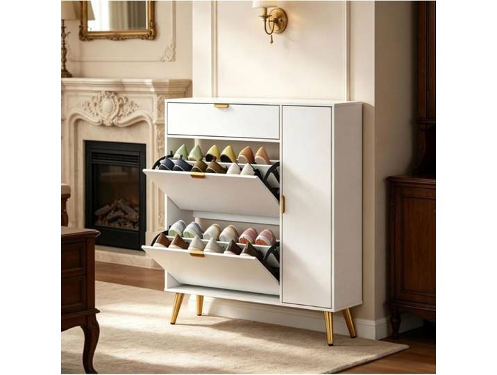 MEUBLIV Meuble à chaussures d'entrée 4 compartiments 2 abattants blanc MDF gain de place