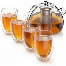 Arendo, Teekanne, Teekanne 1,5 l mit Edelstahl-Teesieb + 4 Thermogläser 450 ml ohne Henkel, Borosilikatglas (1.50 l)