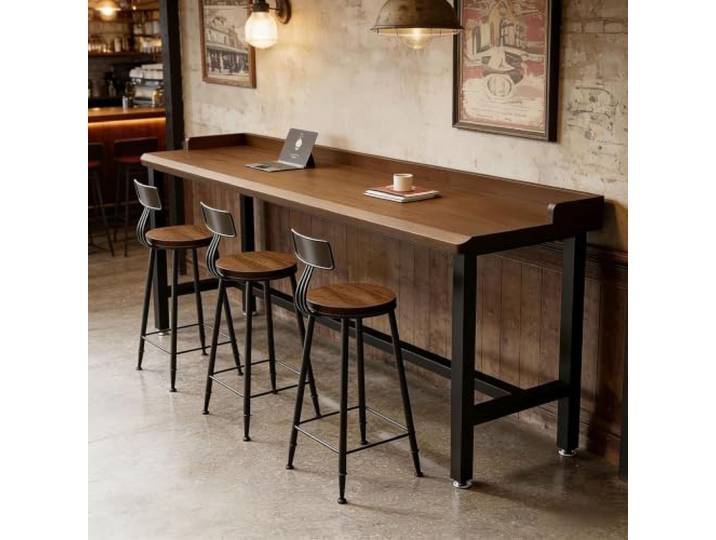 Schmaler Bartisch mit Rückwand, Stehtisch Küche, Holztisch Industrie-Design Bartisch Metallgestell ，schmaler -Kneipentisch，Bartisch für Küche und Wohnzimmer(180ccm/70.9in)
