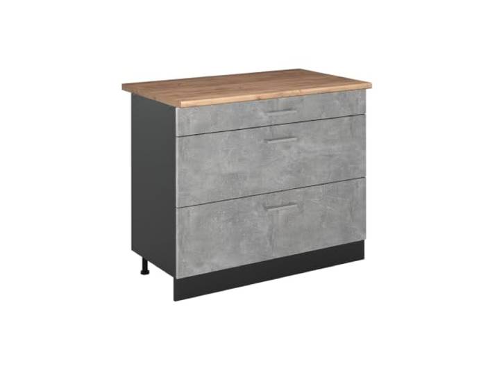 Vicco Küchenunterschrank R-Line, Beton/Anthrazit 100 cm 3 Schubladen · Arbeitsplatte Eiche · Höhenverst. Füße · Leichter Zugriff · Frei kombinierbar