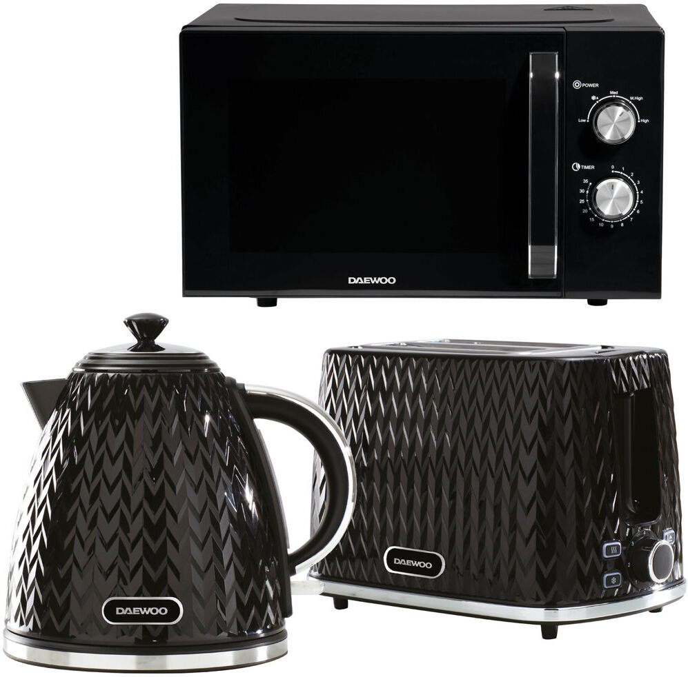 Daewoo Argyle Black Matching Kettle 2 Slice Toaster & Large 23L Microwave Set Black 1.7L