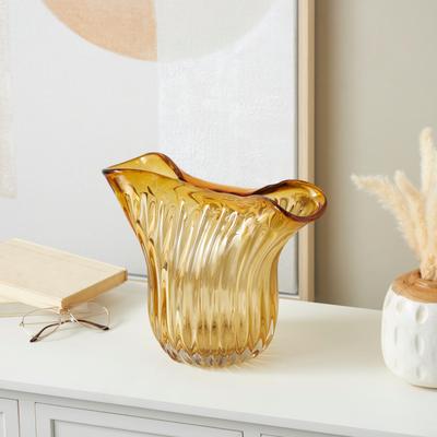 ARCILLA ELEMENTAL Orange Glass Ribbed Ombre Abstract Decorative Vase with Folded Curve Opening