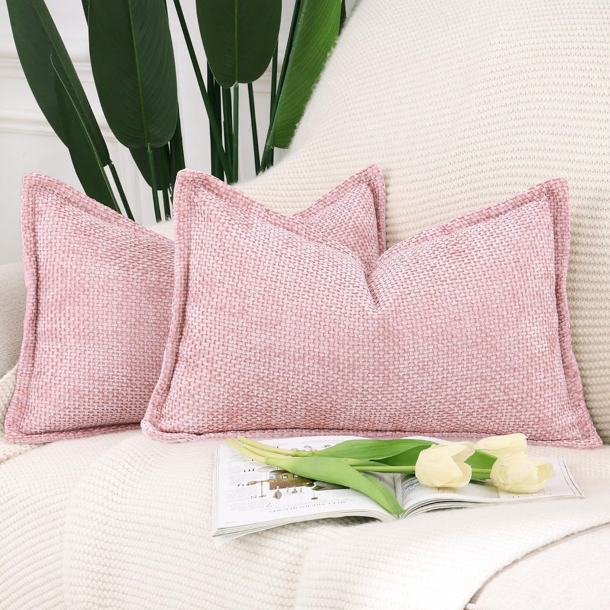 Ibenzoa Set van 2 Zachte Decoratieve Kussenhoezen van Chenille Fluweel, Roze, 40 x 80 cm