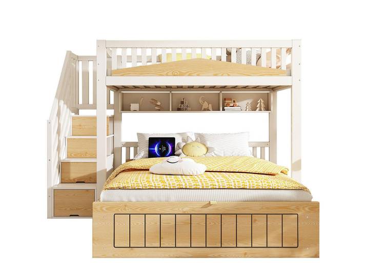Komhtom Etagenbett 90x200 & 140x200 cm mit hydraulischem Stauraum, Versetztes Familienbett, Naturfarben, Holz, 140x200 cm, Babymöbel & Kindermöbel, Kinderzimmer & Jugendzimmer, Stockbetten