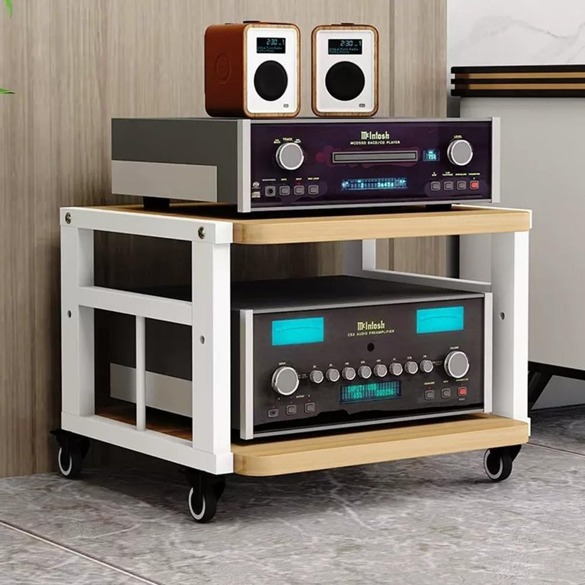 Media Opslagkast Audio Rack met Verstelbare Houten Planken en 5 Lagen in Teak