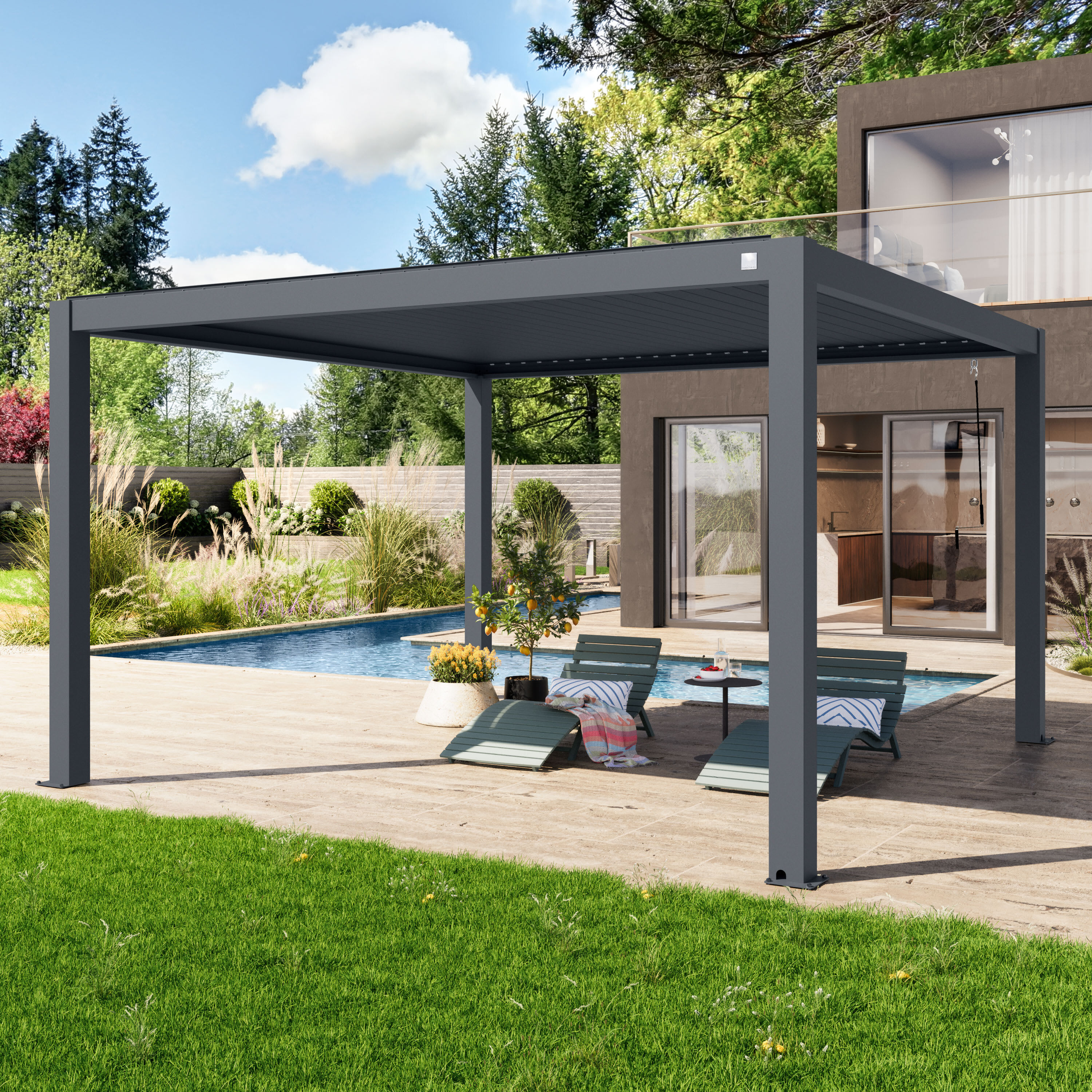 PRIMEYARD 4x4m Pergola in Anthrazit; mit Lamellendach in Anthrazit - (400133)