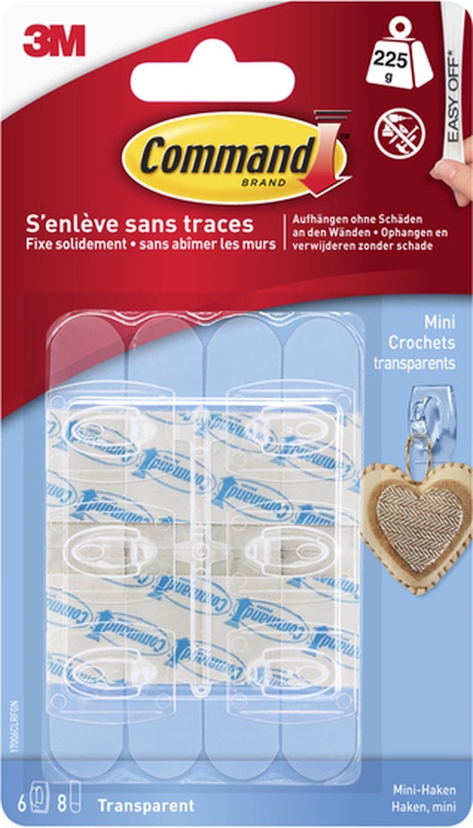 Command Mini Haken met Doorzichtige Strips, 6 Haken en 8 Strips per Pak