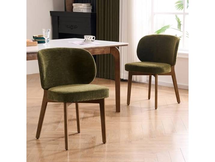 YOUTASTE Chenille-Stoff Esszimmerstühle 2er Set mit Holzbeine, Grün Moderne Küchenstühl mit Breiter Geschwungener Rückenlehne, Polsterstuhl, Essstühle für Esszimmer, Küche