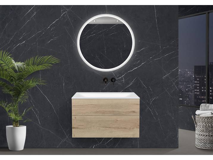 Zafiro - Badmöbelset 90 cm mit Glaswaschtisch Optiwhite, griffloser Unterschrank und Lichtspiegel