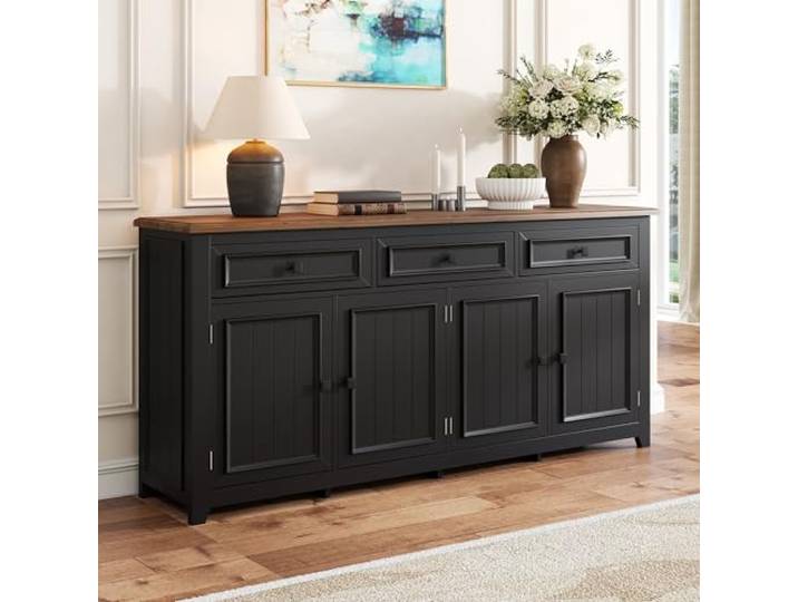 Merax Sideboard 160x35x76 cm modern & klassisch – 3 Schubladen + 4 Türen, verstellbare Trennwände, schwarzer Korpus mit Holzmaserung, Schwarz und Holzfarbe