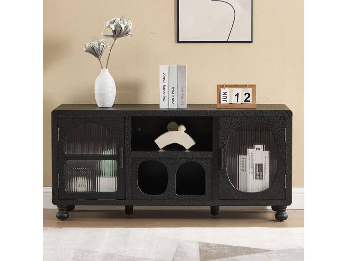 chairus Meuble de Rangement avec 4 Compartiments Buffet avec 2 Portes en Verre Commode Noire avec Pied en Bois pour Salon Noir