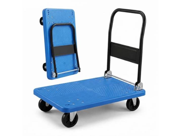 Relaxdays Chariot de transport pliable\, 91x86x61 cm\, 2 roulettes pivotantes 300 kg\, bleu\, plateau XL\, poignée