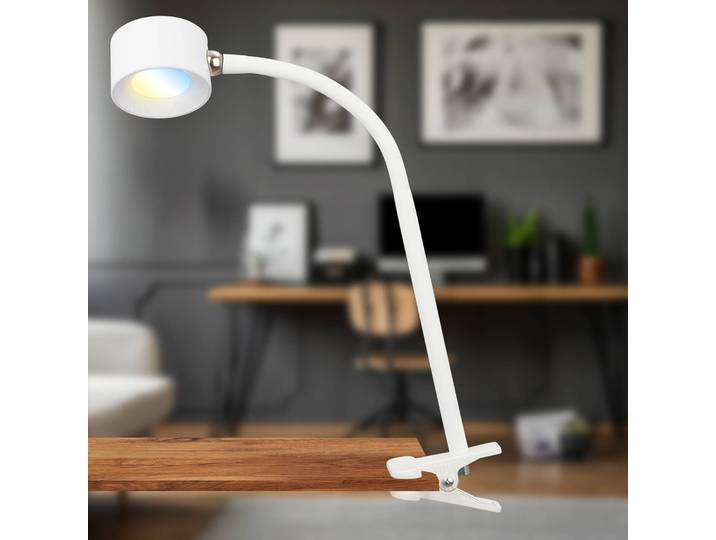 Klemlamp Tari, dimbaar, wit / opaal, Werkkamer / Kantoor, metaal, Modern, Klemlamp