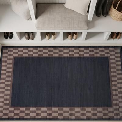 World Rug Gallery Checkerboard Border Slate Machine Washable Polyester Non-Slip Backing Area Rug