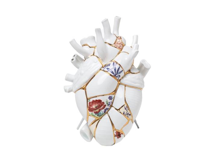 SELETTI vase en forme de coeur LOVE IN BLOOM KINTSUGI (Blanc et or - Porcelaine)