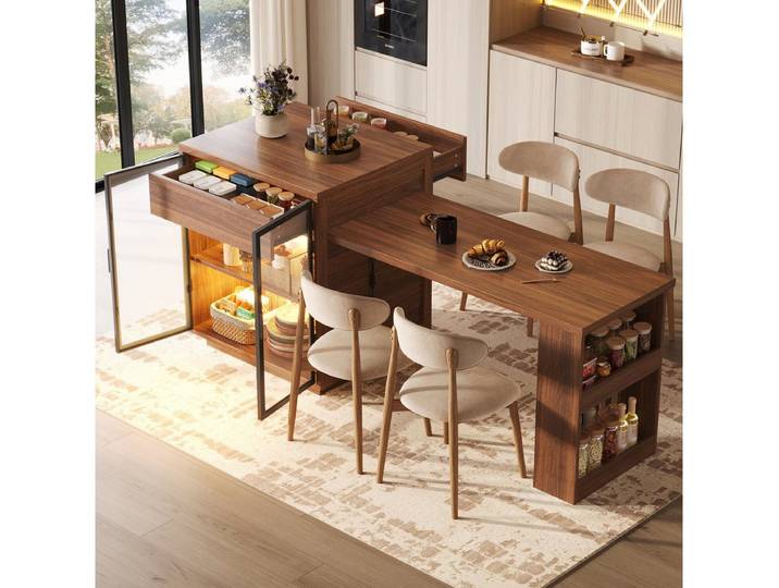 Odikalo Kücheninsel mit Doppeltür-Schrank Schublade offenem Regal LED APP-steuerbar USB, (Verstellbarer multifunktionaler Esszimmertisch 122–194,5 cm), Tragendes Gewicht: 60 kg