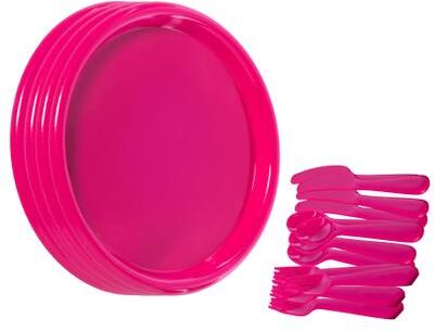 Basicwise Reusable Cutlery Set of 4 Plastic Plates, Spoons, Forks and Knives