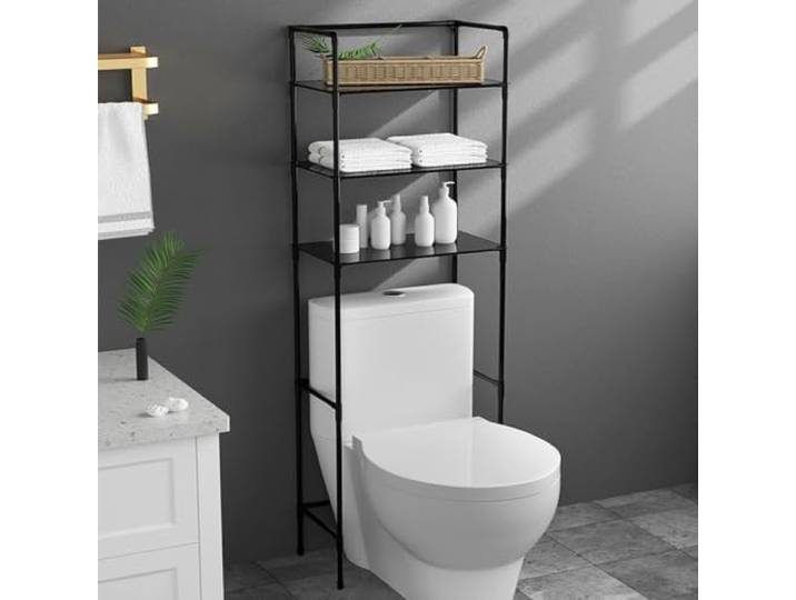 WC-Regal 3 Ebenen Metall, Platzsparender Bad-Organizer Für Handtücher Stabile Konstruktion, schlanke Passform, breite Ablagefläche, feuchtigkeitsbeständig, werkzeugfreie(Negro)