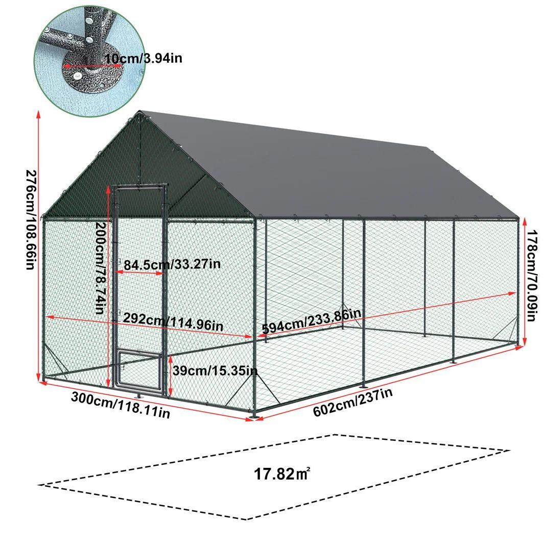 Großer Outdoor Hühnerstall - XXL Hühnergehege mit Auslauf - Metallrahmen - Wasserdichte 600D Oxford-Abdeckung - UV-Schutz - Hoher abschließbarer Eingang - Für Hühner Enten Gänse - Grün/Grau