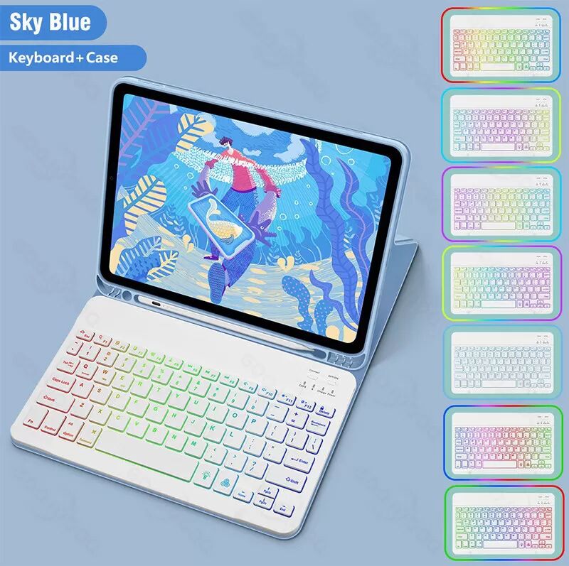 INF Blaue Ledertasche mit RGB Bluetooth Tastatur kompatibel mit iPad 12.9 iPad 12,9 Zoll Blau iPad 10 10,9 Zoll