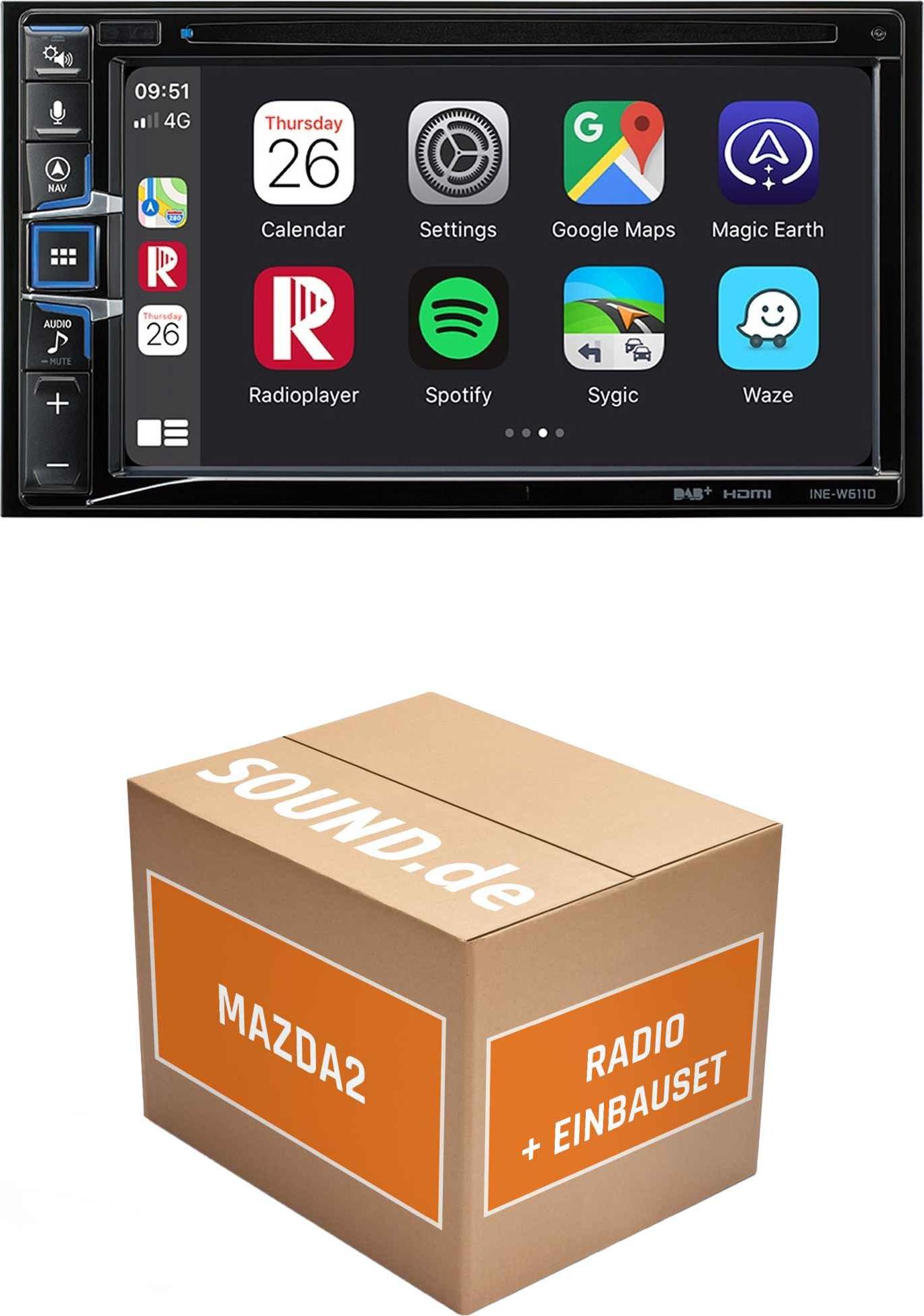 Autoradio Einbaupaket Alpine INE-W611D passend für Mazda2 DE | Navigationssystem CD-/DVD-Laufwerk