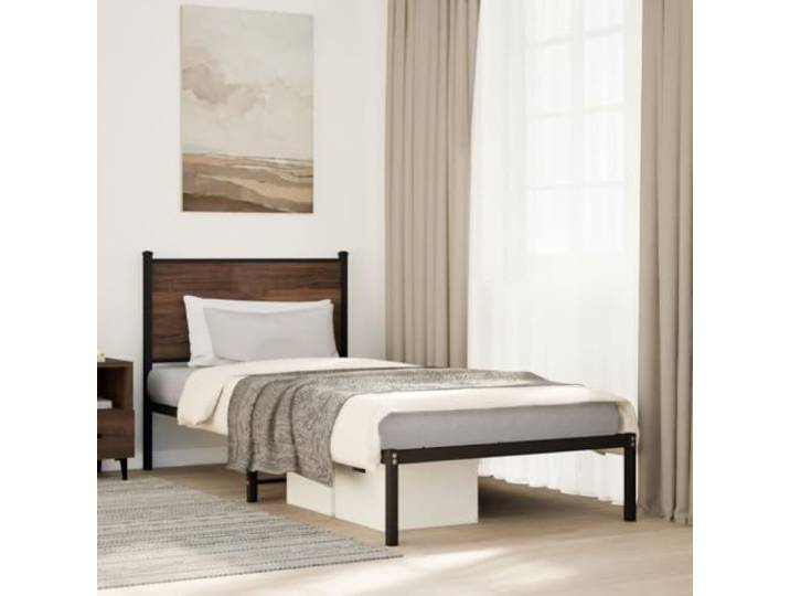 WDGJJFECNMUEHI Robustes Stahlgestell Elegantes Design 90x190cm Braun Metallbett ohne Matratze Braun Eichen-Optik 90x190 cm Stabiler Bettrahmen mit Lattenrost und Kopfteil fuer Schlafzimmer