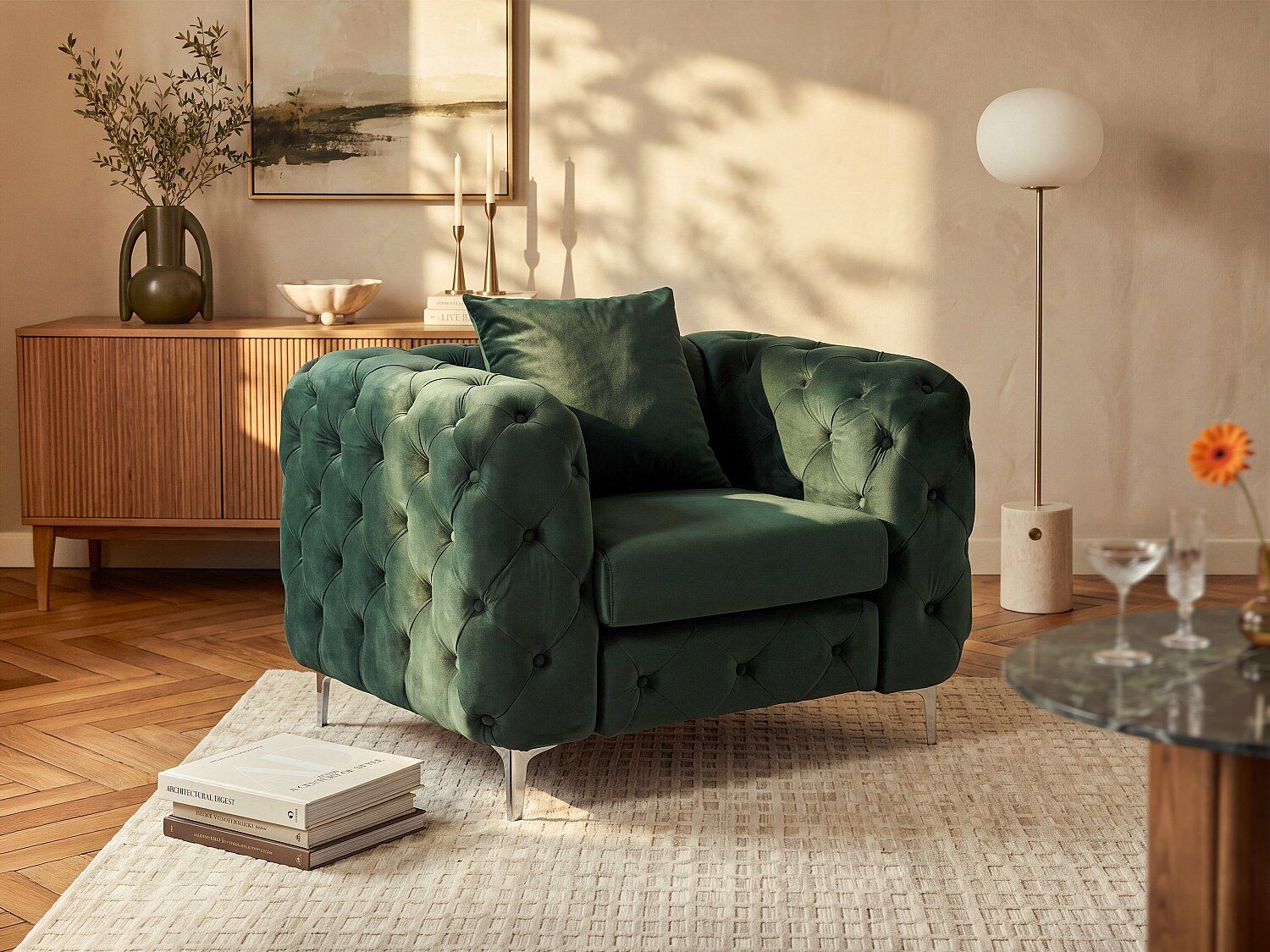 Unique Sillón Chesterfield de pana verde - EDWINA