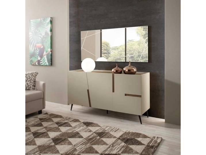 Buffet bas - GIRONA - 3 portes - Inserts effet teck - Corps gris tourterelle