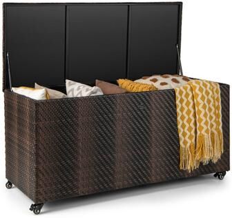 Costway 96 Gallon PE Wicker Outdoor Storage Box with 4 Wheels-Brown