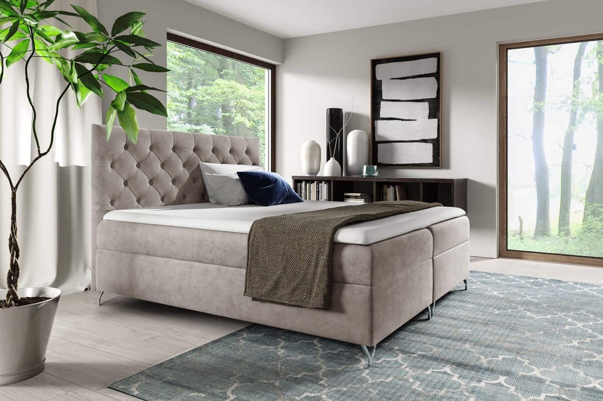 Boxspring Gilles Bed Set met opbergruimte en topper, Matt Velvet Taupe, 160x200 cm