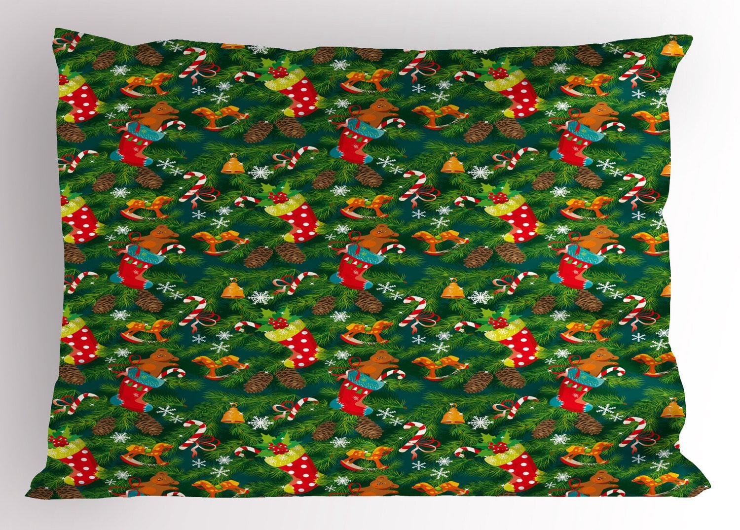 ABAKUHAUS Kerst Kussensloop met Kerstaccessoires, Donkergroen, Bruin en Rood, 65 x 50 cm