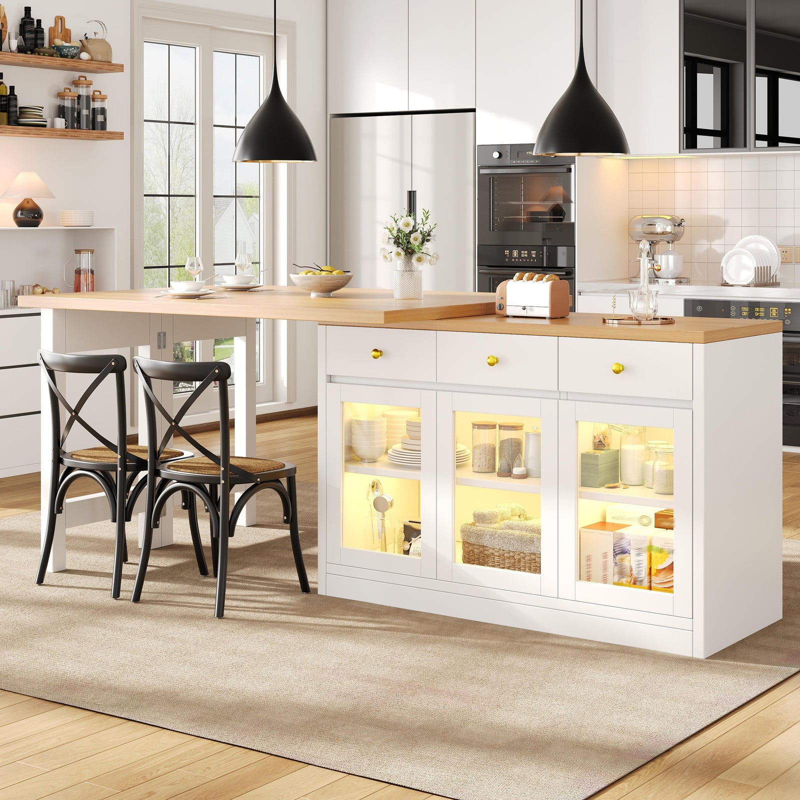 OKWISH Uitschuifbaar keukenblok met LED-verlichting, app-bediening, bar met 3 lades en glazen deuren, wit
