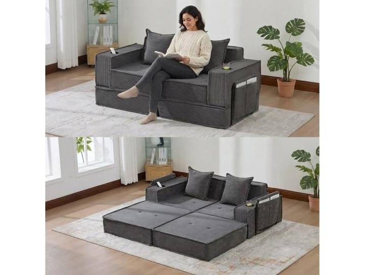 Canapé Convertible 2 Places Canape lit Modulable avec Stockage Canape Dangle Convertible Sofa Tissu Doux pour Salon Gris