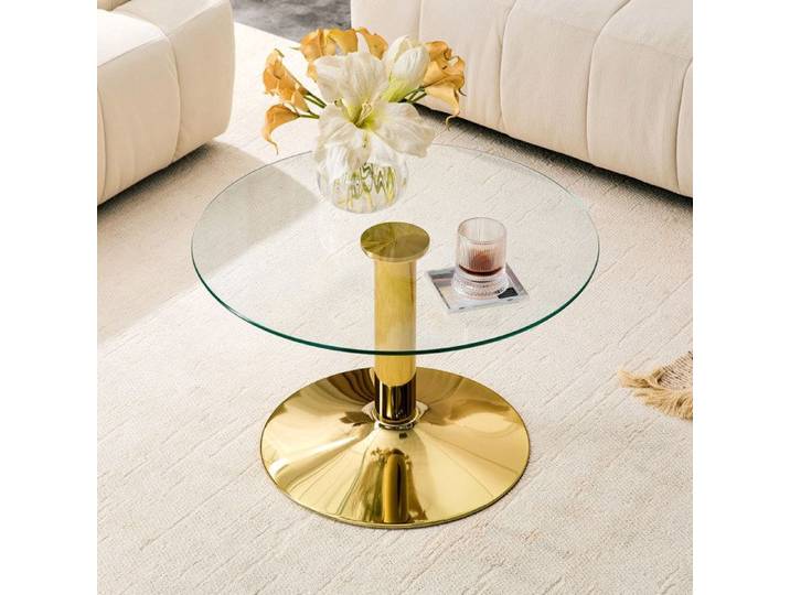 WOVREO Table basse ronde 70 cm en verre trempé et métal doré style moderne