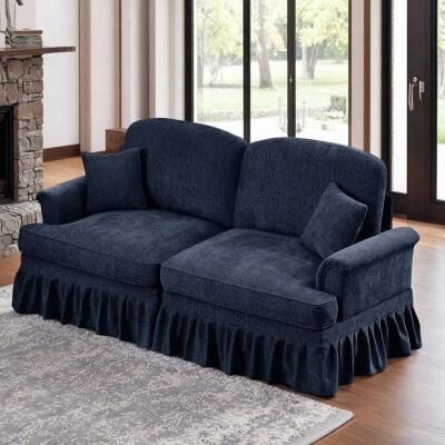 Chenille Mid-Century Sofa with Flared Arms and Ruffled Skirt