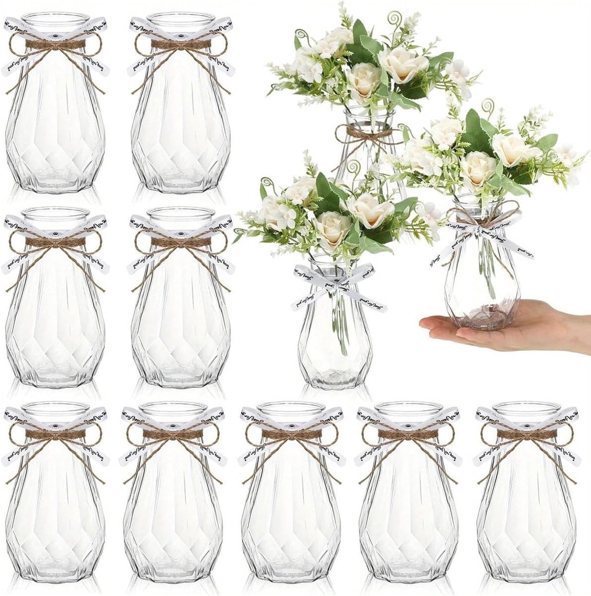Set van 12 transparante decoratieve bloemenvazen van helder PET-plastic