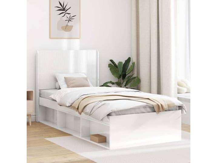 RJPLMFV Kopfteil weiß glänzend Holz Vertikales Lamellendesign, pflegeleichte Oberfläche, Montage am Bettgestell, stabile Beine