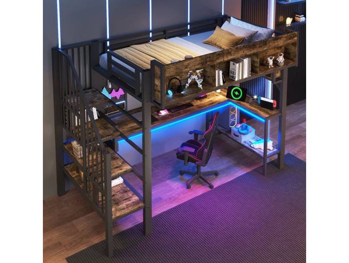 Lit mezzanine 90x200 cm vintage bureau d'angle plaque perforée USB Type-C et LED