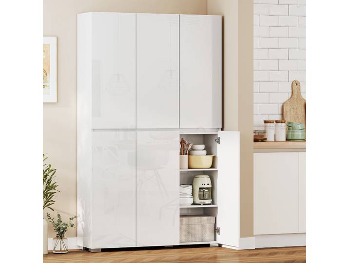 HOMCOM Buffet Haut Cuisine 6 Portes Blanc Brillant Étagères Ajustables