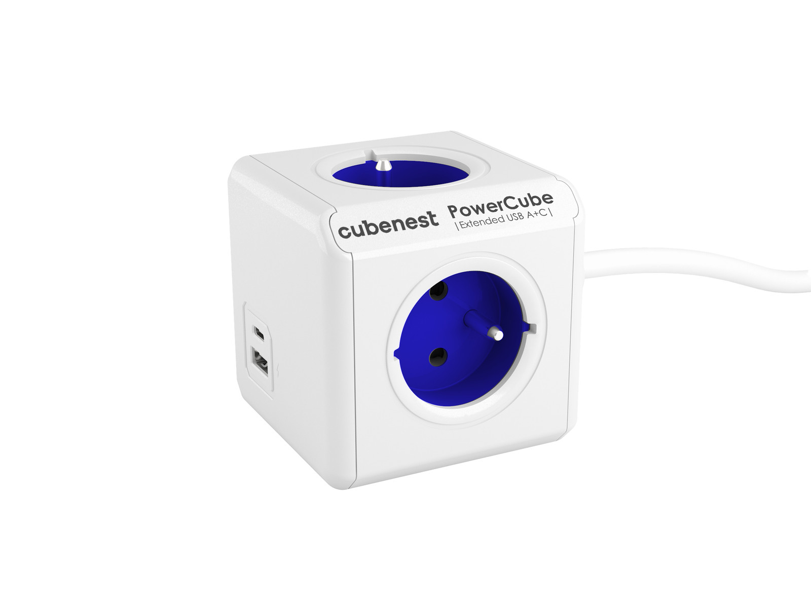 PowerCube CubeNest Extended USB PD 20W stekkerdoos met A+C poorten, blauw, 1,5 meter verlengkabel, met kinderbeveiliging en aarding