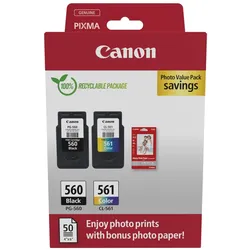 Canon Original PG-560 + CL-561 Druckerpatronen Valuepack - 1 x schwarz / 1 x farbig + 50 Blatt Fotopapier (3713C008)