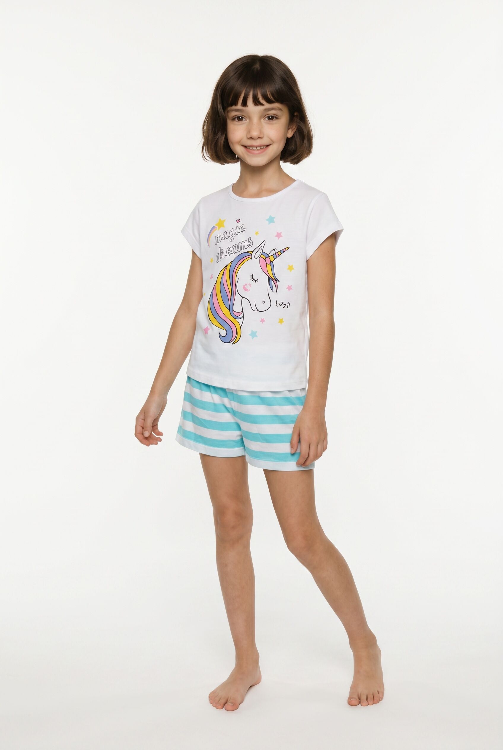 Shorty BONPRIX, Mädchen, Gr. 92/98, bunt (aqua, weiß), Obermaterial: 100% Baumwolle, Homewear-Sets Shorty, vierteiliger Shorty-Pyjama, zwei T-Shirts mit Druck, aus Baumwolle