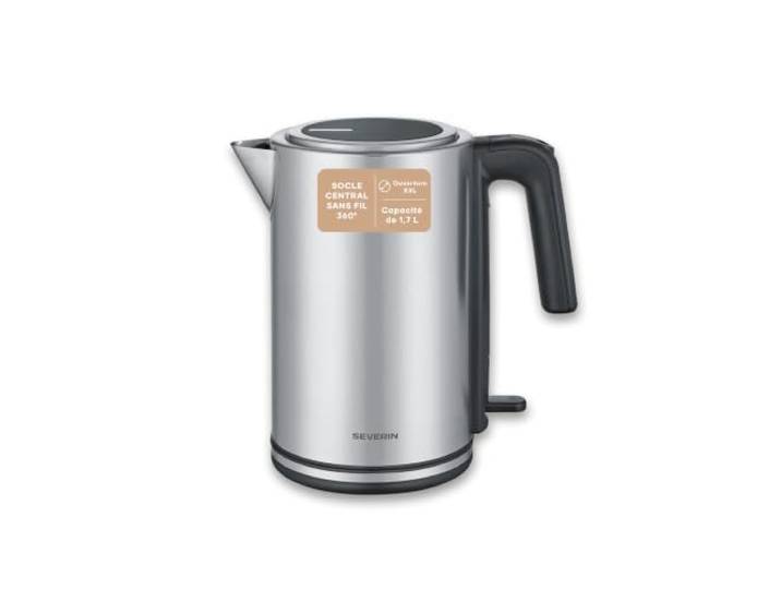 SEVERIN Bouilloire électrique 1\,7L inox\, 2400 W ébullition rapide\, avec filtre anti-calcaire amovible\, base 360°\, ouverture XXL\, arrêt automatique - Bouilloire design facile à nettoyer\, WK 3449