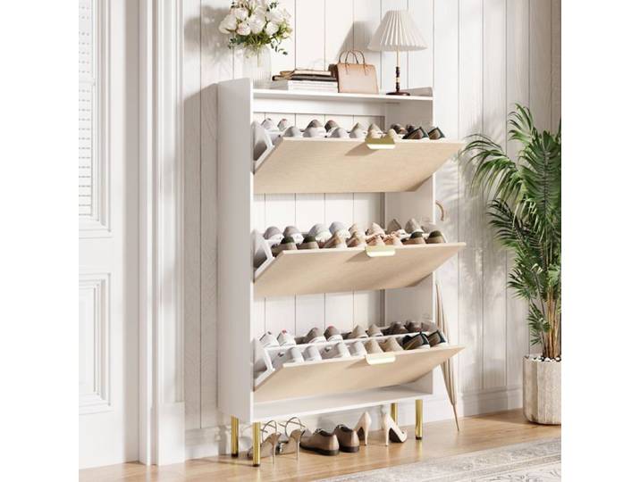 Meuble à chaussures blanc style ferme à 3 tiroirs rabattables rangement entrée fin