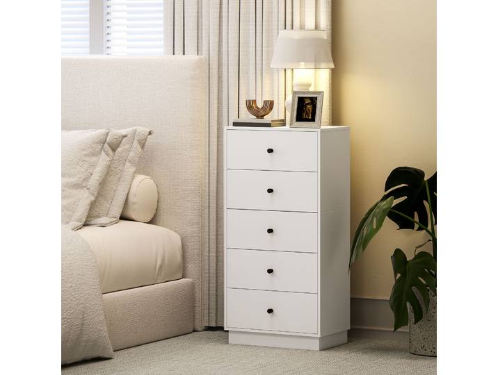 HOMCOM Commode 5 Tiroirs Moderne Gain de Place 47x29x95cm Blanc