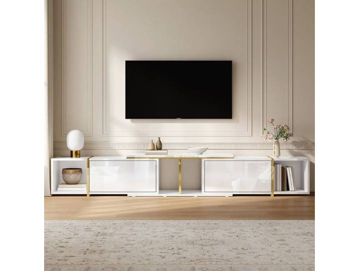 ROVRYN Meuble TV extensible 275 cm brillant blanc détails dorés panneaux de particules