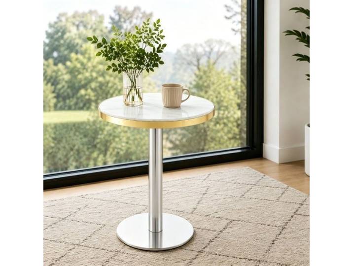 Table de salle à manger ronde - 60x60x74cm - Style bistrot chic aspect marbre et pied central - Blanc et Or HTML