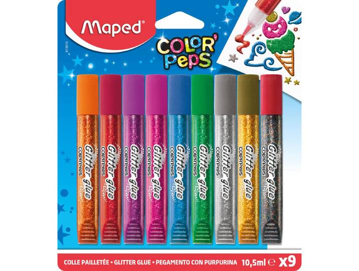 Maped Color'Peps Colle Pailletée 9 Tubes 10,5 ml Effet Brillant Couleurs Assorties